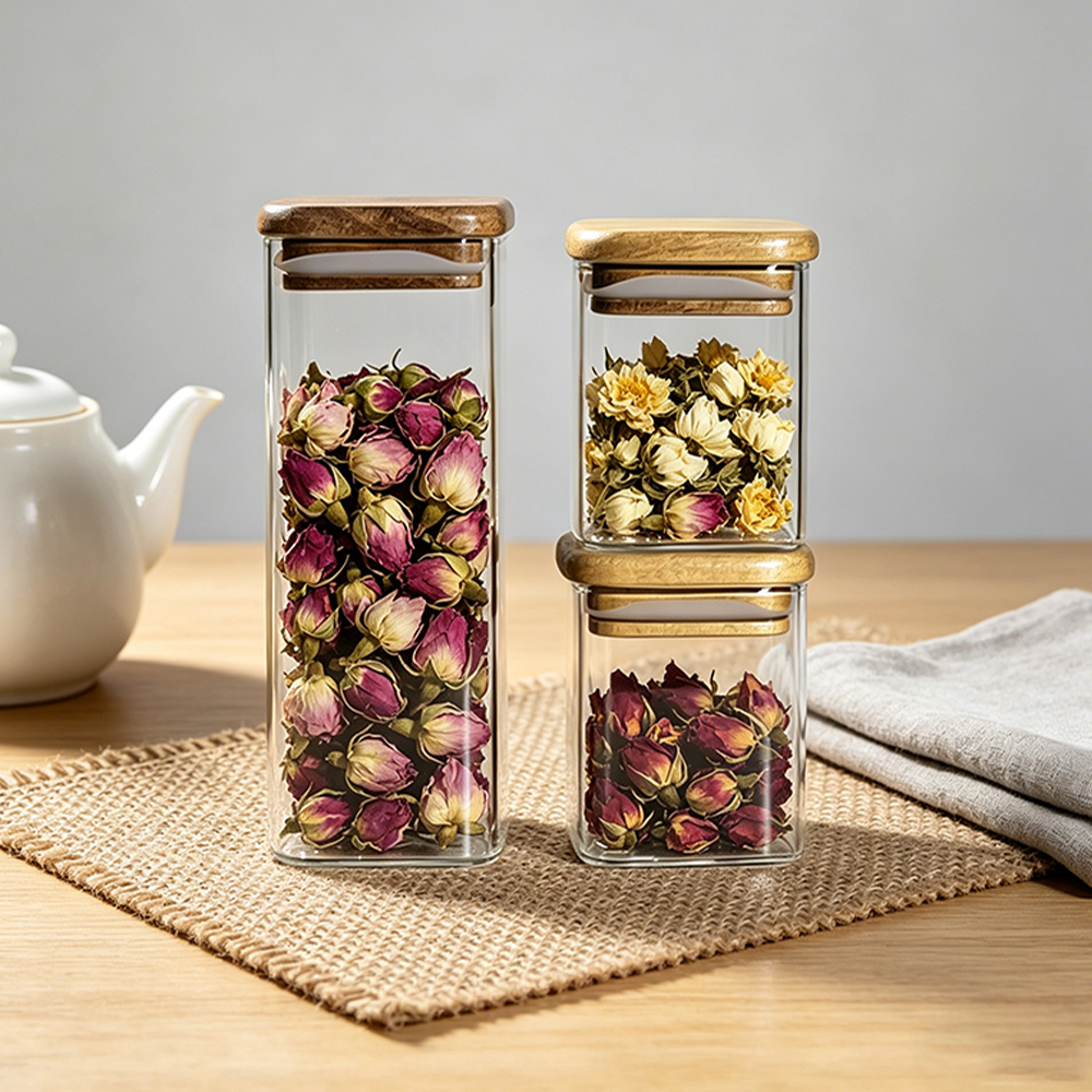 Acacia Wood Lid Borosilicate Glass Storage Jar