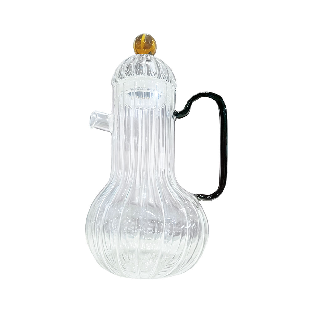 Ribbed Borosilicate Glass Pitcher with Side Spout & Ball Knob Lid