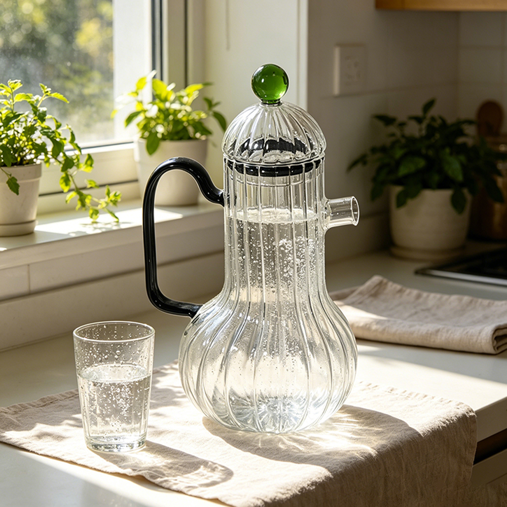 Ribbed Borosilicate Glass Pitcher with Side Spout & Ball Knob Lid