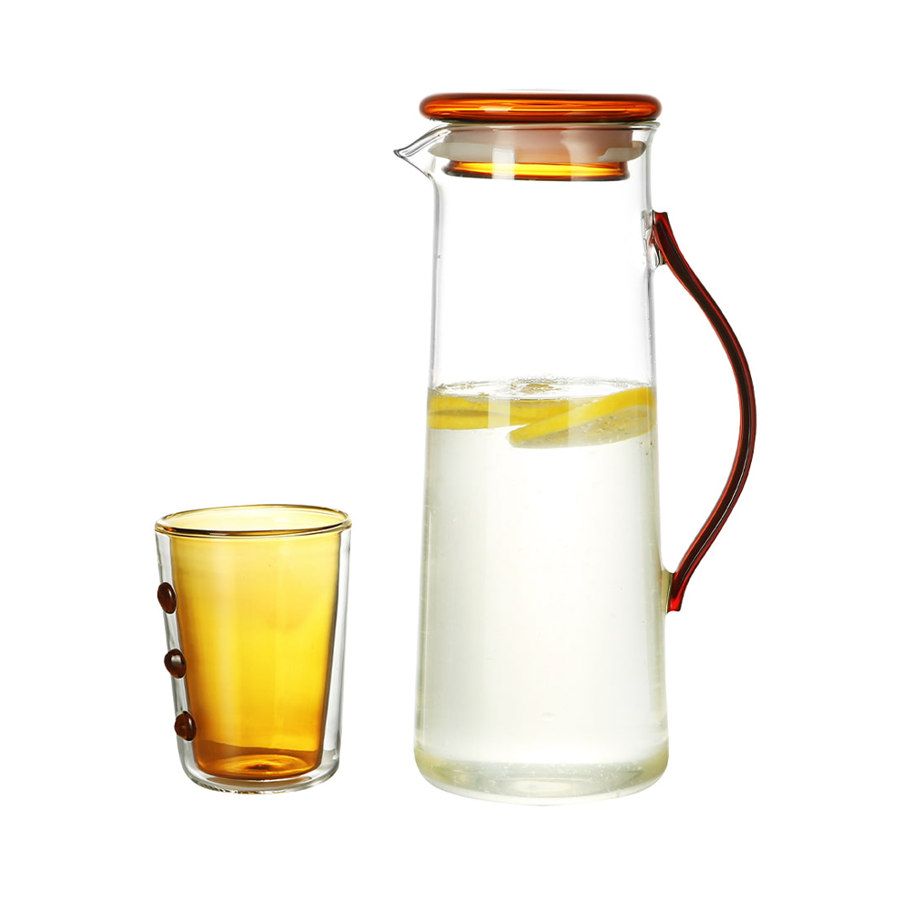 Borosilicate Glass Water Pitcher Set with Amber Lid & Handle