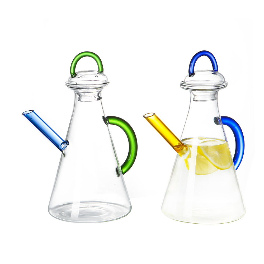 Conical Borosilicate Glass Water Pitcher with Loop Handle & Colored Spout
