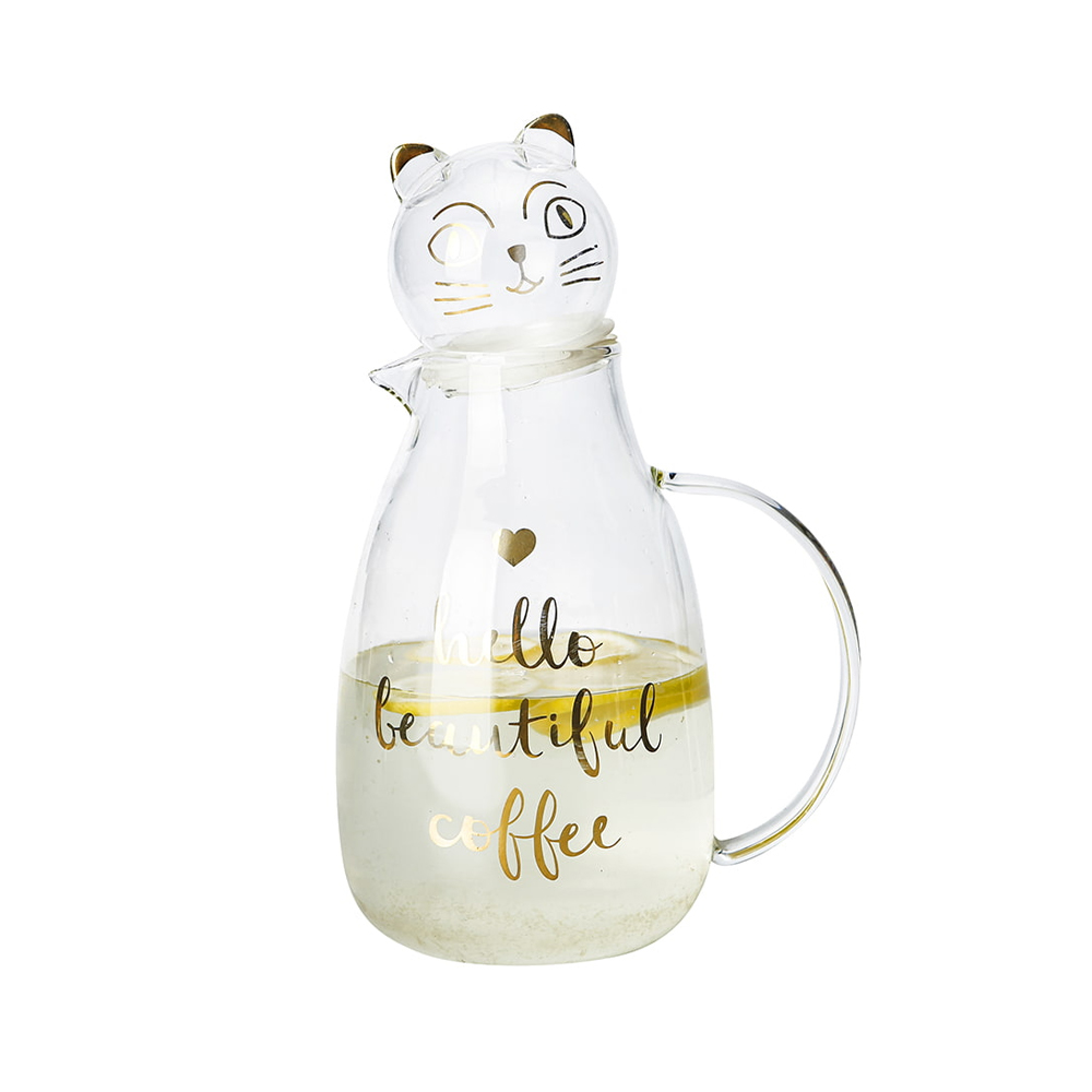 Cute Cat Lid Borosilicate Glass Water Pitcher with Golden Letter Print