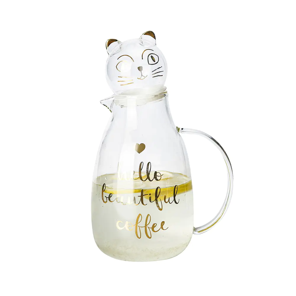Cute Cat Lid Borosilicate Glass Water Pitcher with Golden Letter Print