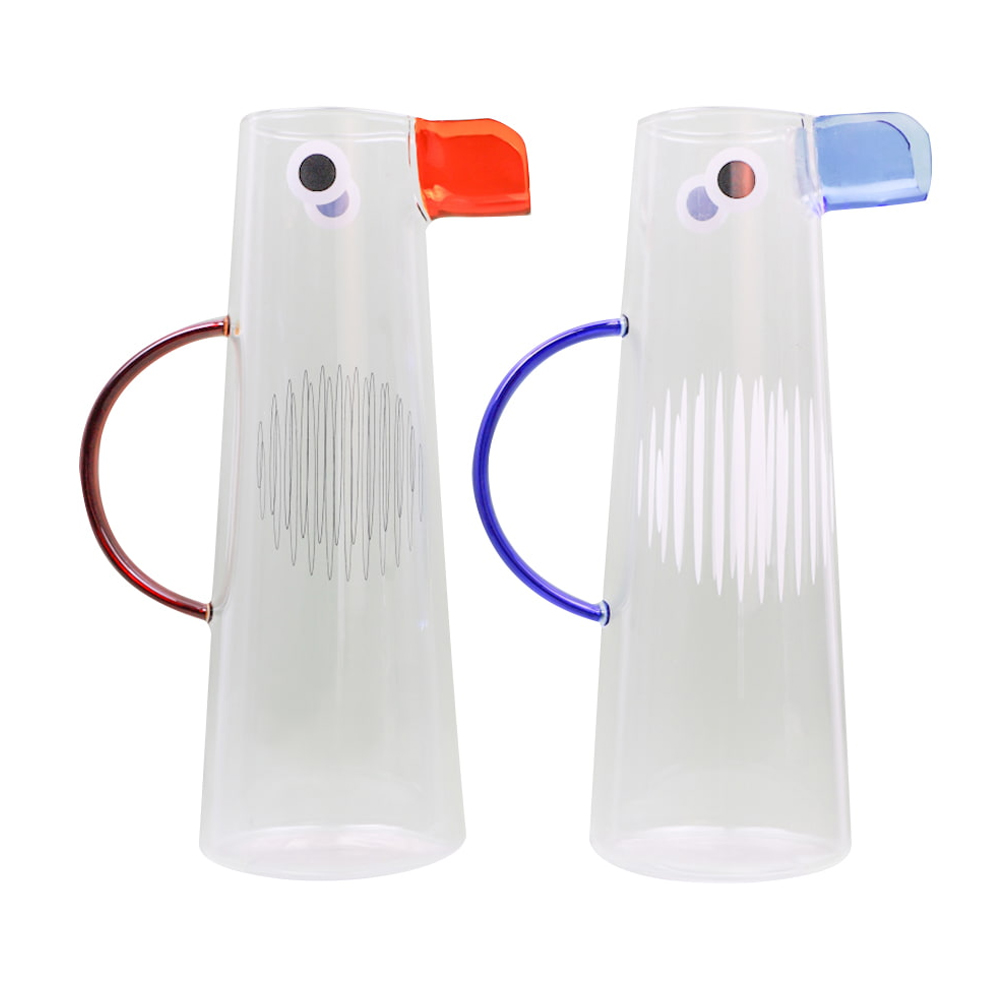 Cute Bird Shaped Borosilicate Glass Water Pitcher with Colored Spout & Handle