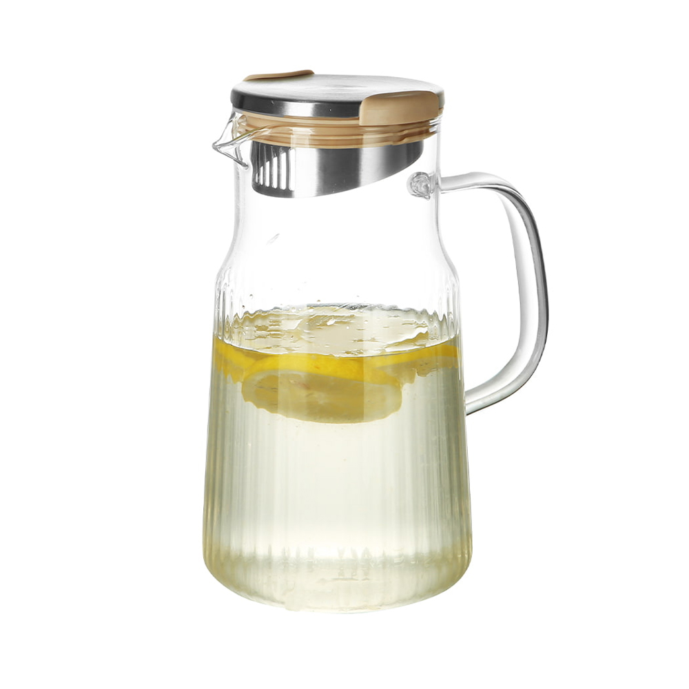 Ribbed Borosilicate Glass Water Pitcher with Stainless Steel & Wooden Lid