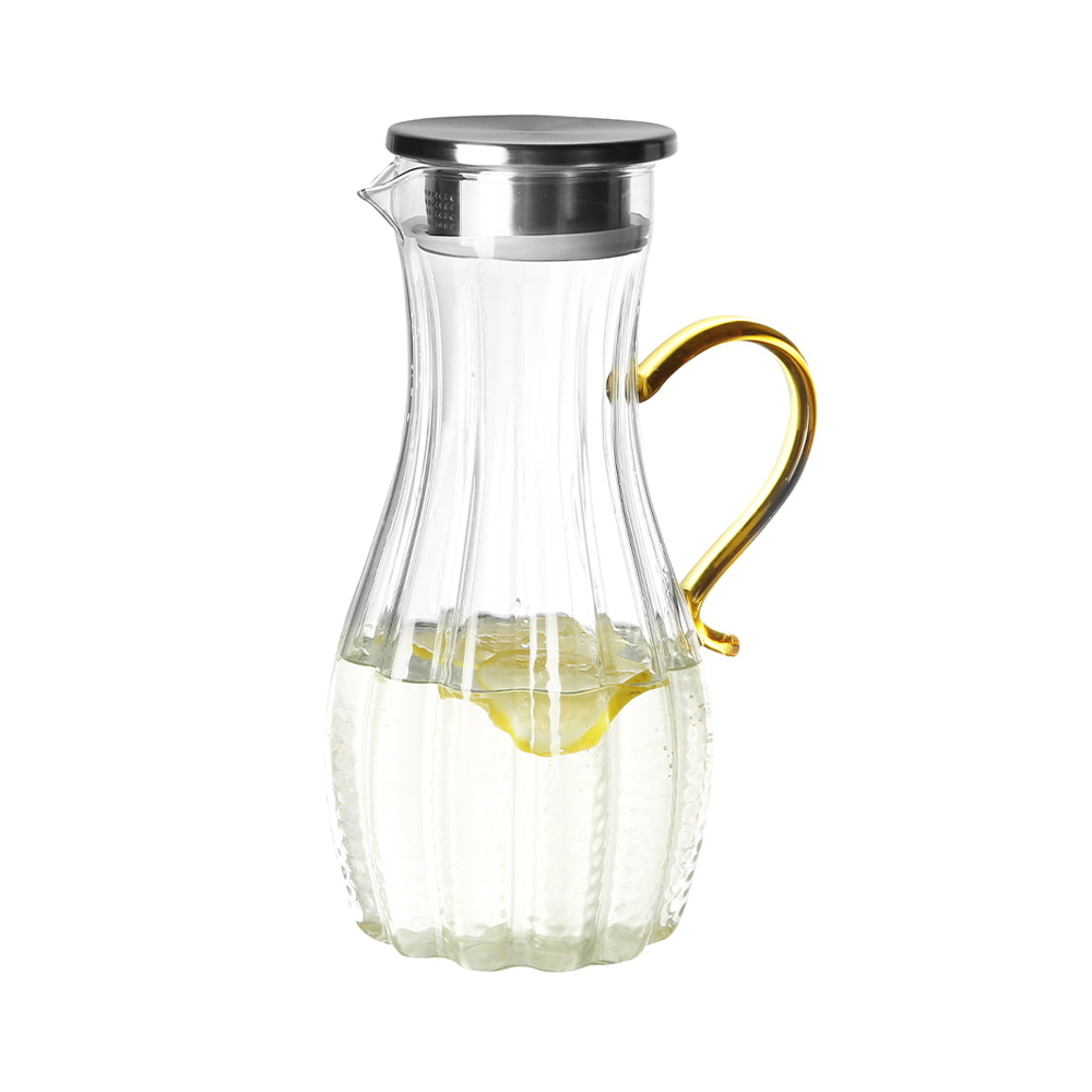 Ribbed Glass Water Pitcher with Gold Handle & Stainless Steel Lid