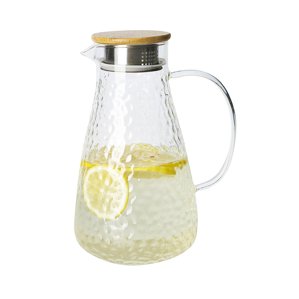 Hammered Glass Water Pitcher with Wooden Lid & Glass Handle