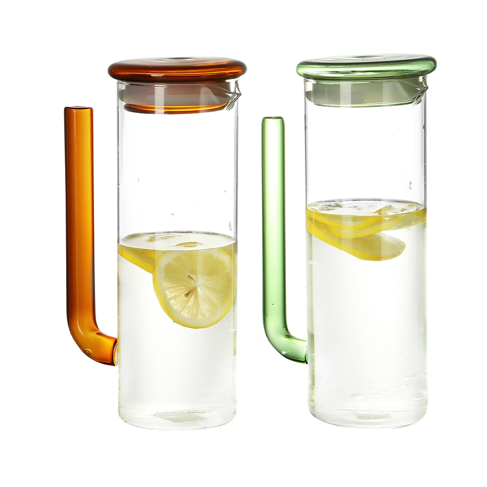 Borosilicate Glass Water Pitchers with Colored Glass Handles & Lids