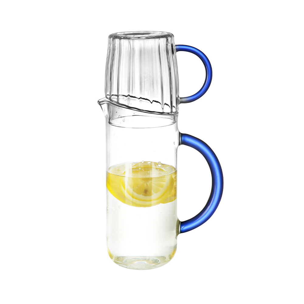 Borosilicate Glass Water Pitcher with Detachable Cup Lid & Blue Handle
