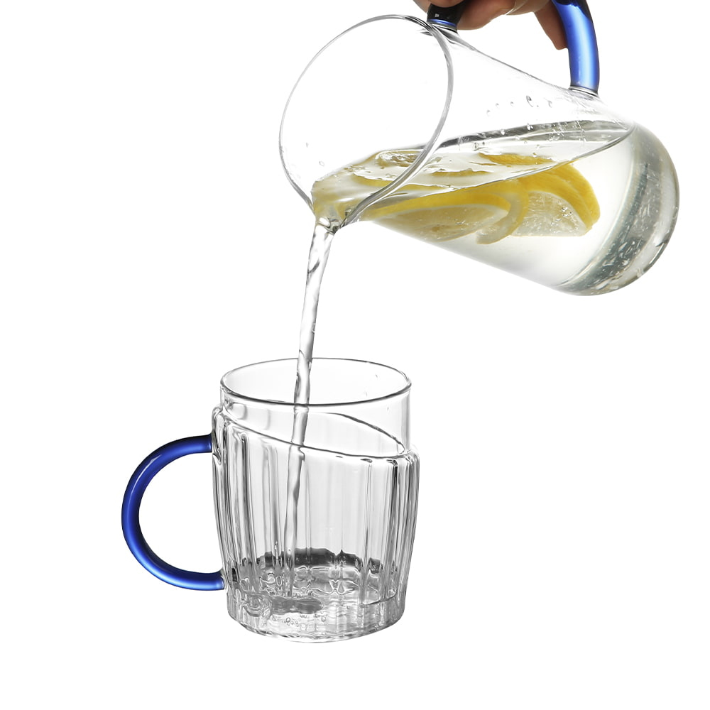 Borosilicate Glass Water Pitcher with Detachable Cup Lid & Blue Handle