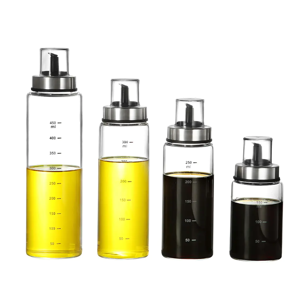 Glass Oil Dispenser Bottles with Scale & Stainless Steel Ring