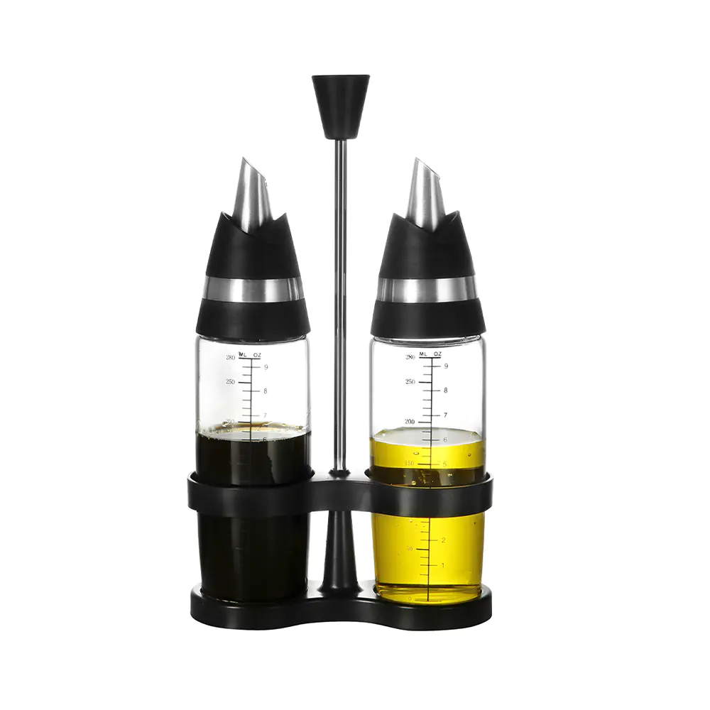 Glass Oil & Vinegar Dispenser Set with Black Pour Spout Stoppers & Stand