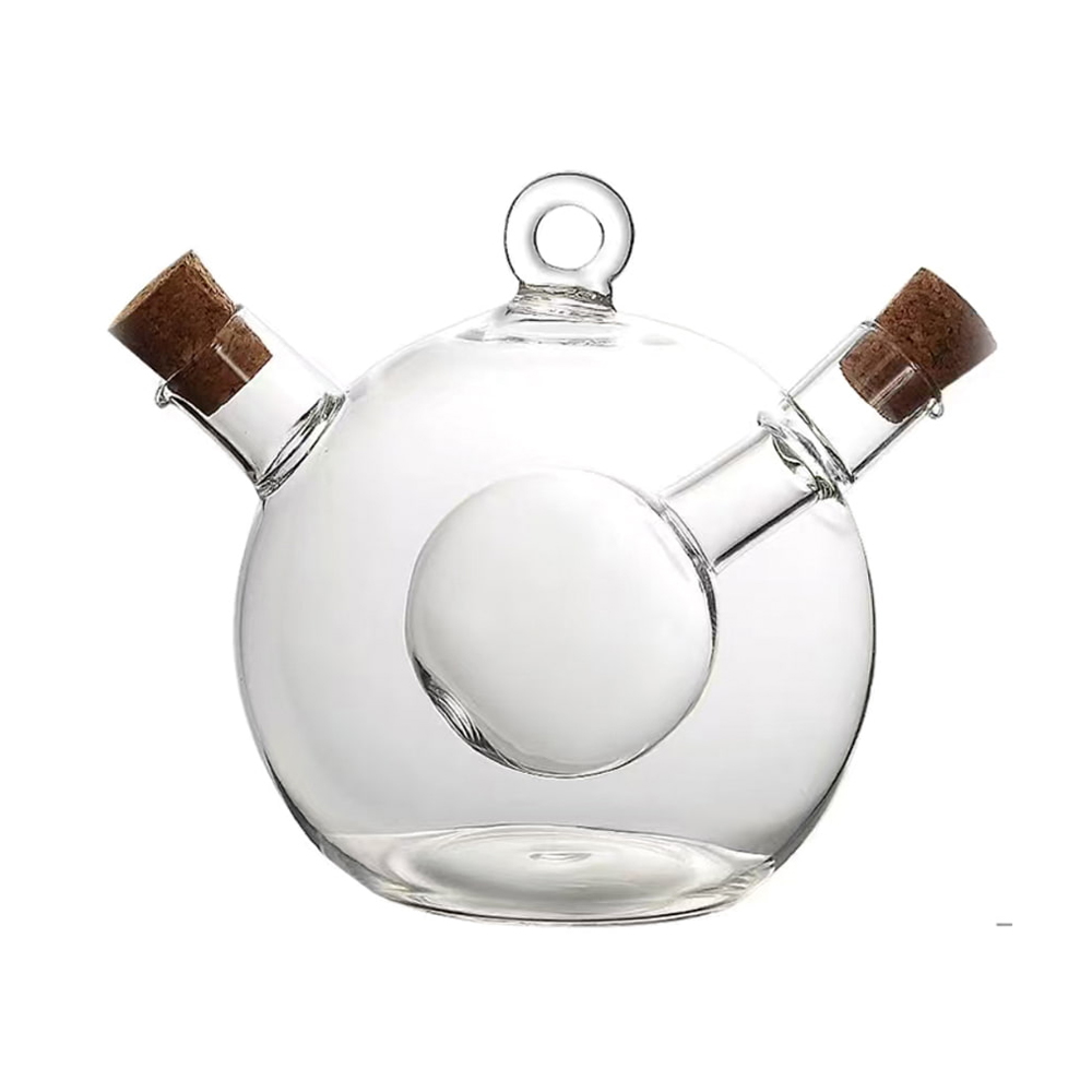 Round Double Chamber Glass Oil & Vinegar Dispenser with Cork Stoppers