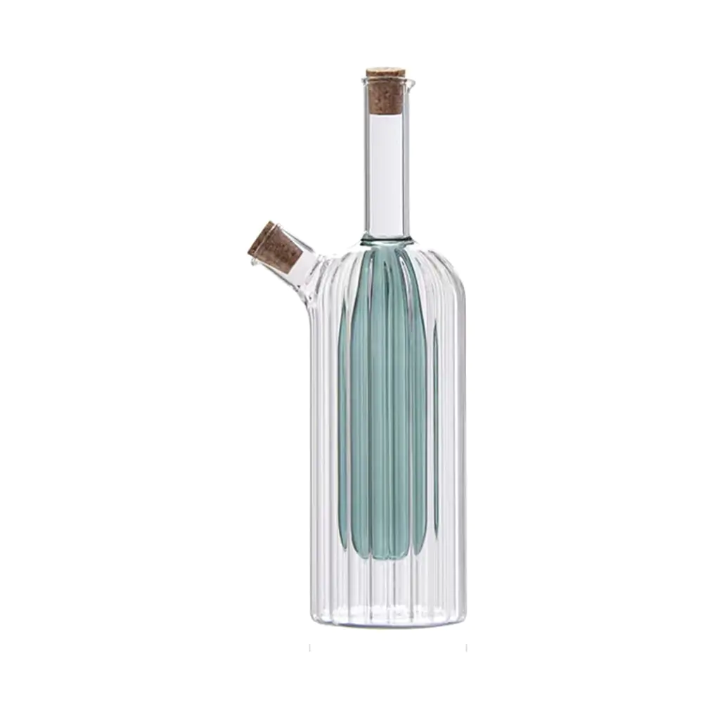 Ribbed Dual Chamber Glass Oil & Vinegar Bottle with Cork Stoppers